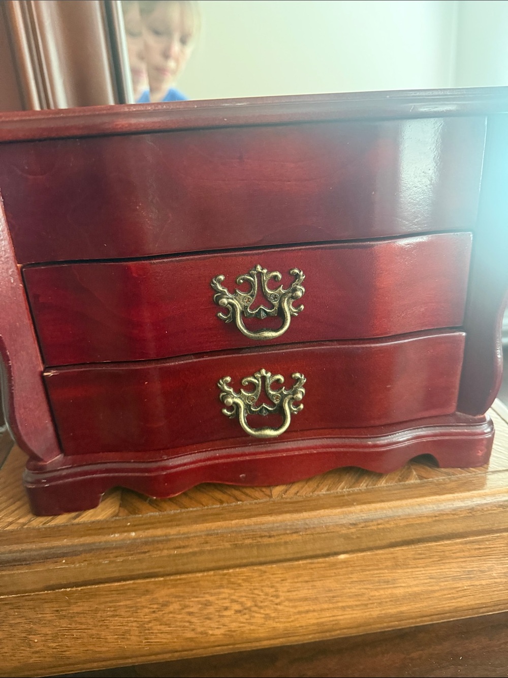Vintage Mele Wood Jewelry Box with Red Finish and Decorative Brass Handles